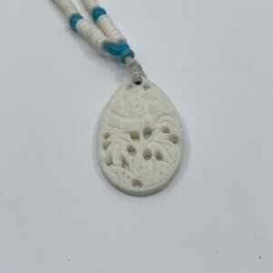 90s Y2K Hand Carved Bone and Turquoise Necklace - Floral Pendant & Beads
